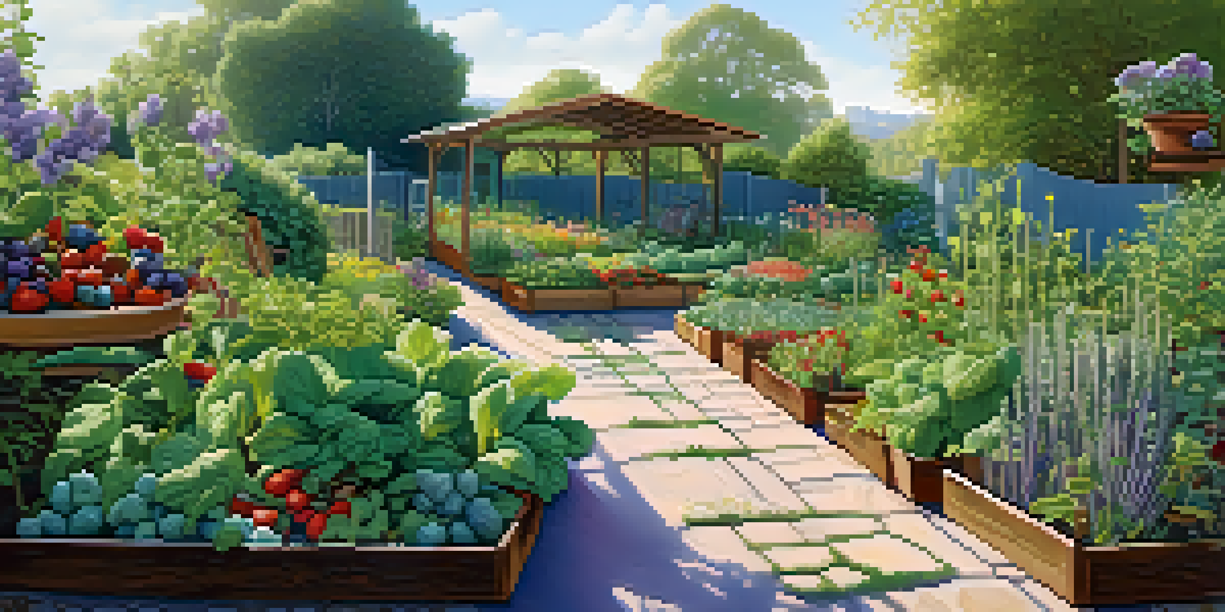 A colorful garden filled with strawberries, blueberries, and herbs, with raised beds and trellises, illuminated by morning light.