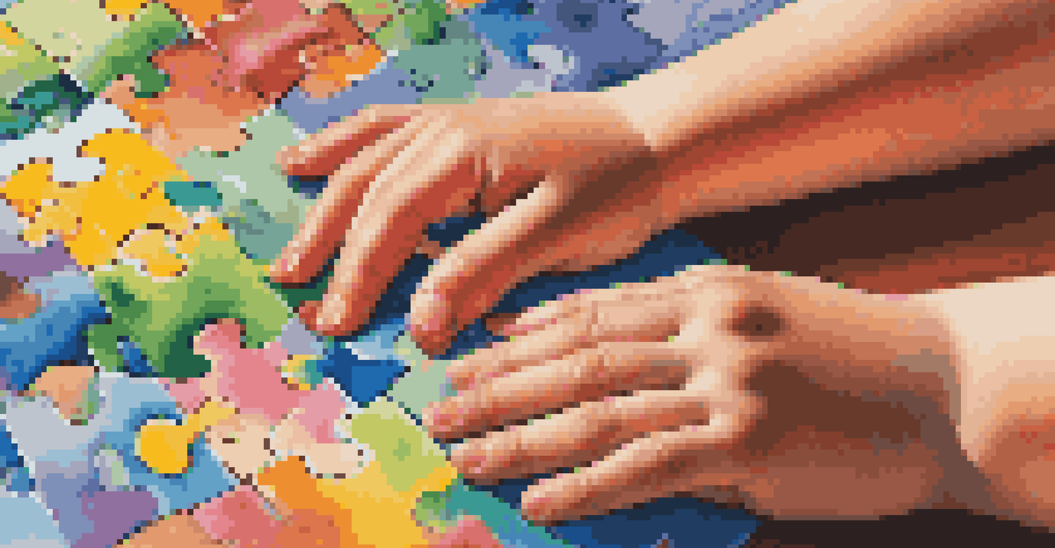 A close-up of a child's hands manipulating a puzzle piece, with colorful puzzle pieces in the background.