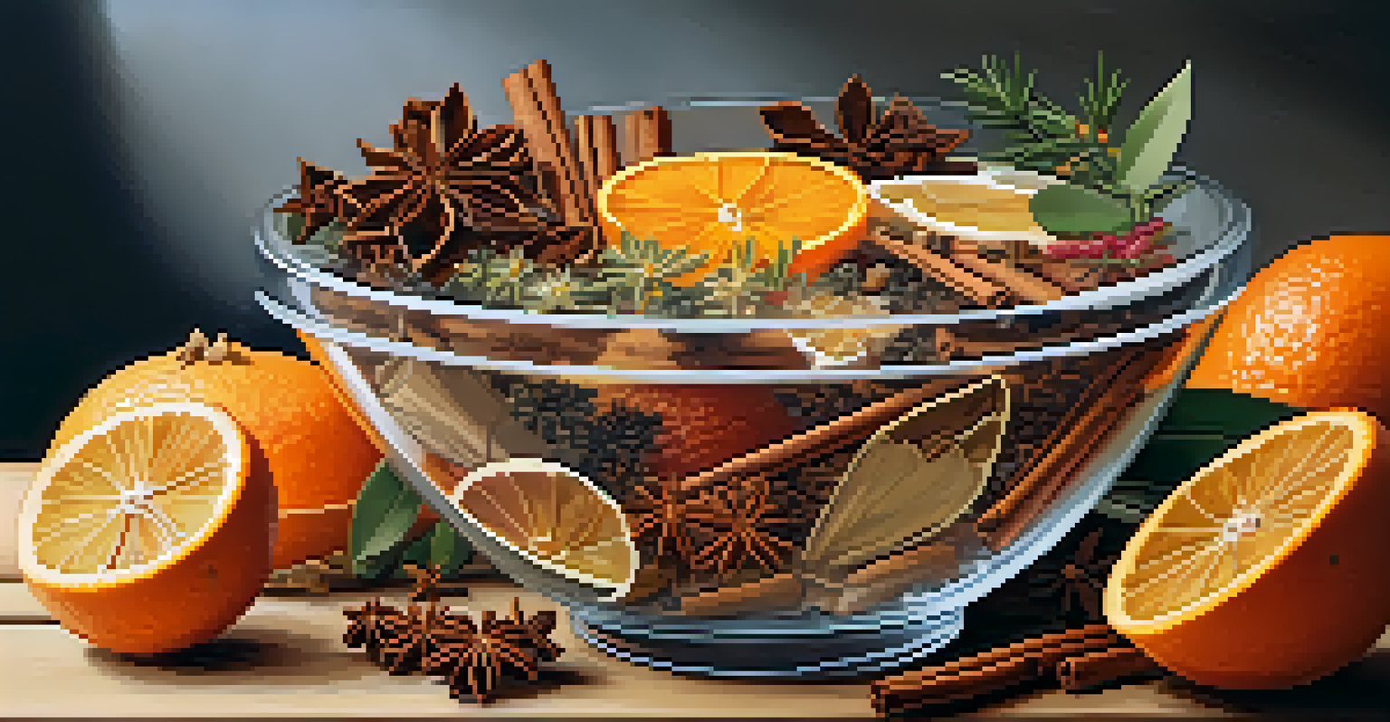 A glass bowl filled with homemade potpourri, including dried flowers, herbs, and spices, set on a wooden table with candlelight.