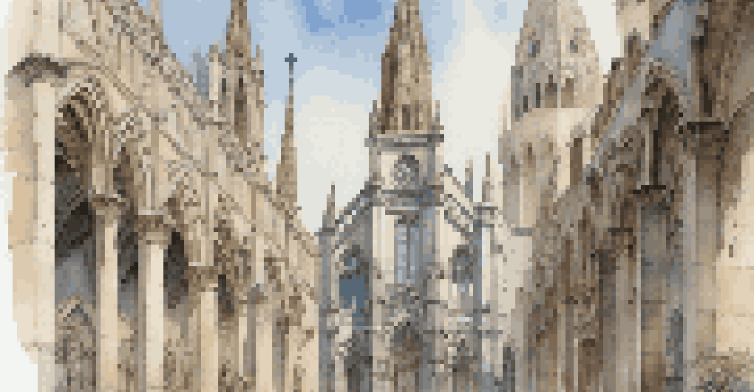 A Gothic cathedral façade with detailed stone carvings and statues, surrounded by greenery under a blue sky.