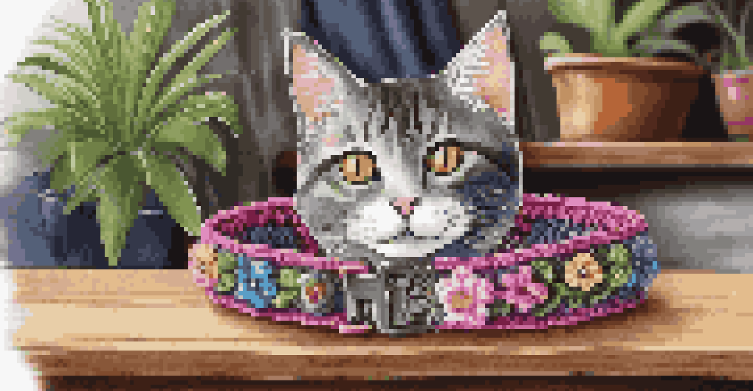 A colorful crochet pet collar on a wooden table with a playful cat peeking in the background.