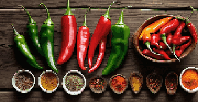 A colorful array of fresh chili peppers and spices arranged on a wooden table, showcasing ingredients for making hot sauce.