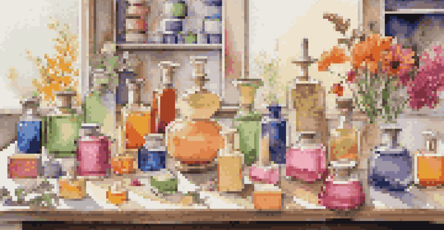 A display of unique candle molds and colorful fragrance oils on a craft table with bright lighting.