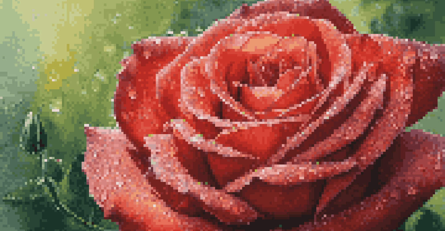 A close-up of a red rose with dew drops on its petals, set against a blurred green background.