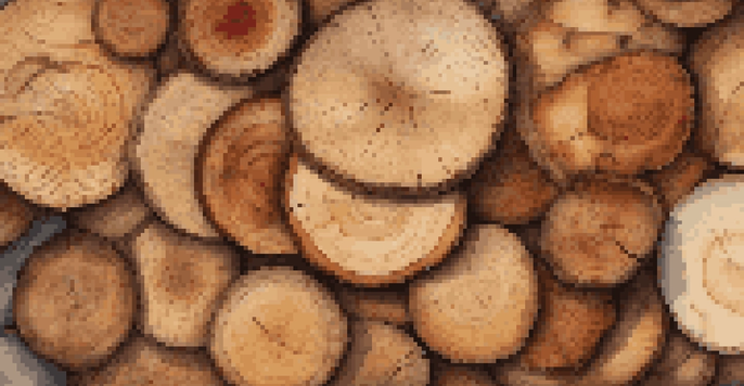 A circular arrangement of various wood slices on a rustic table, displaying different grain patterns and colors under soft natural light.