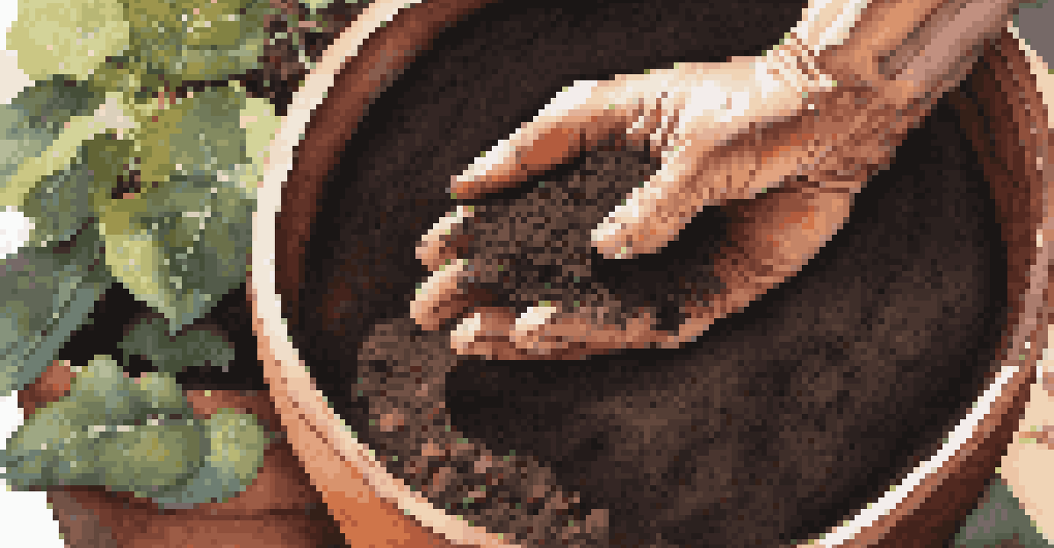 Close-up of a gardener's hands mixing soil in a terracotta pot under sunlight.