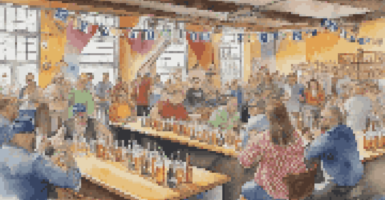 Participants at a home brewing club competition presenting their unique beer creations to judges, surrounded by a lively atmosphere and colorful decorations.
