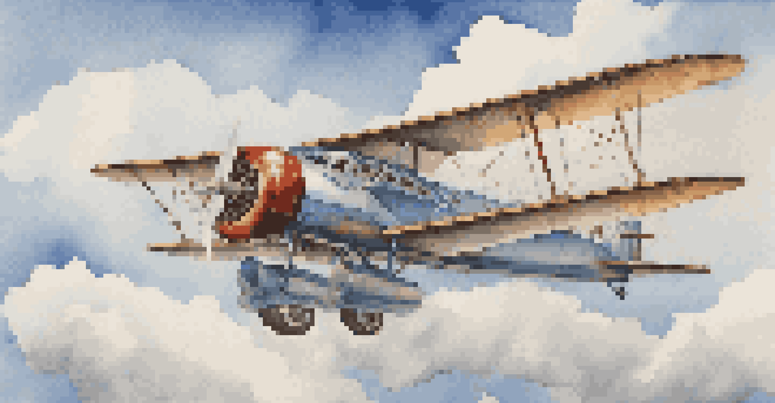 An antique postal airplane flying in a clear blue sky with fluffy white clouds, decorated with historical air mail markings.