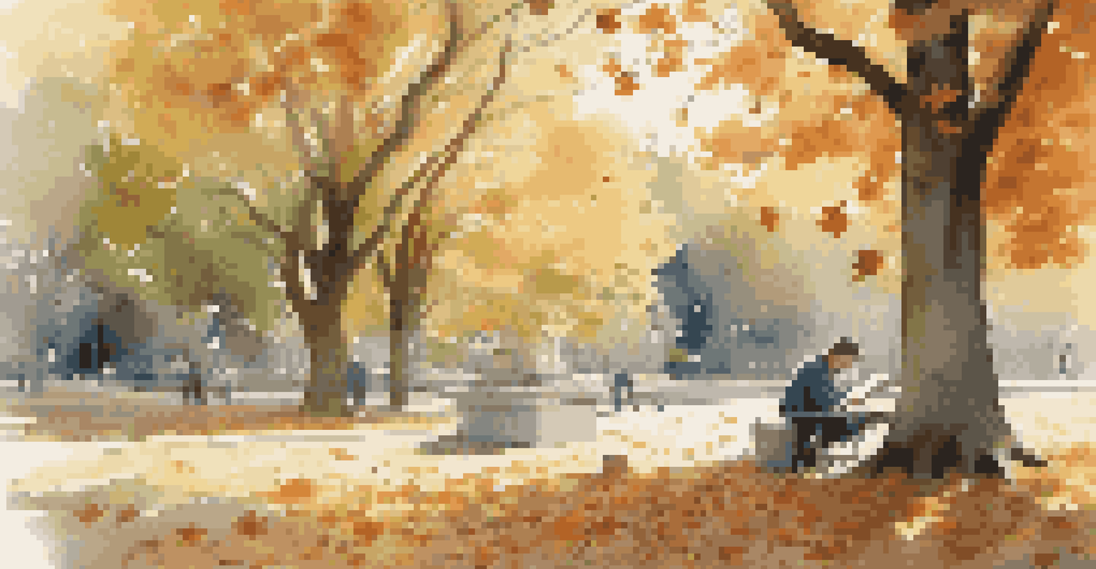 An artist sketching in a park with autumn leaves, inspired by nature.