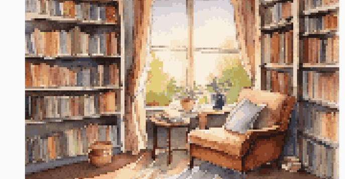 A cozy reading nook featuring an armchair, bookshelves, a cup of tea, and sunlight streaming through a window.