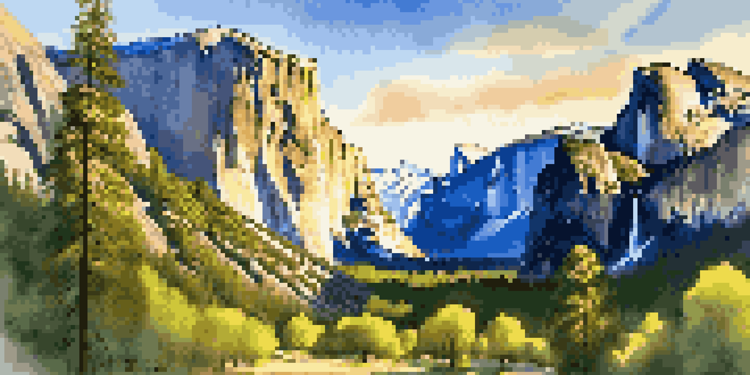A scenic view of towering granite cliffs in Yosemite National Park with the sun setting in the background, surrounded by green trees.