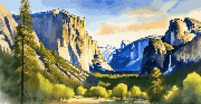 A scenic view of towering granite cliffs in Yosemite National Park with the sun setting in the background, surrounded by green trees.