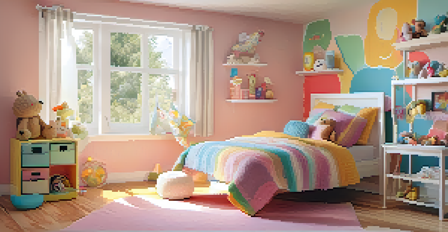A child's room with colorful shelves filled with crochet animal stuffies, a cozy bed, and pastel-colored walls.