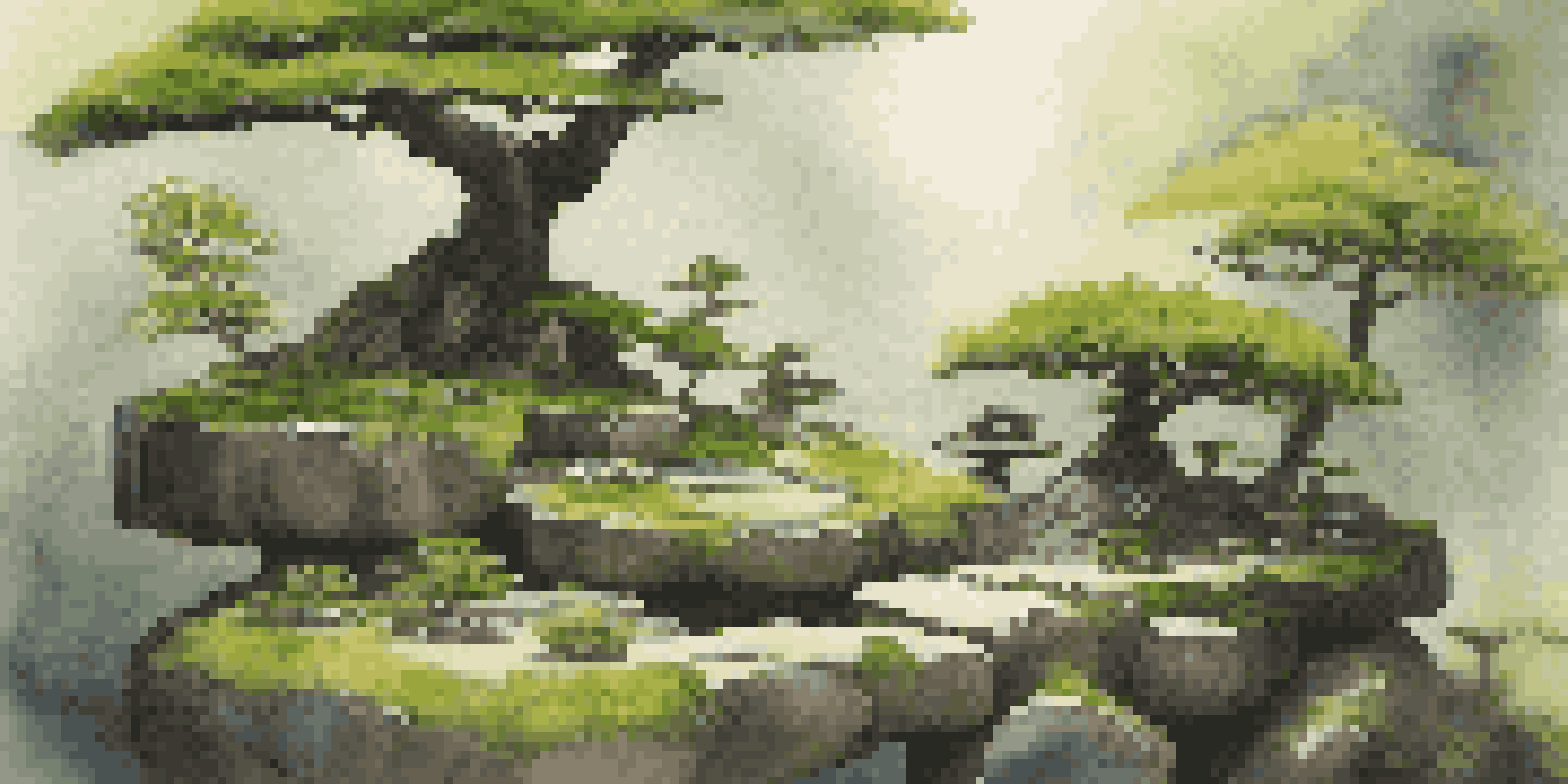 A peaceful bonsai garden with various bonsai trees on stone platforms, surrounded by green moss and flowering plants under soft sunlight.