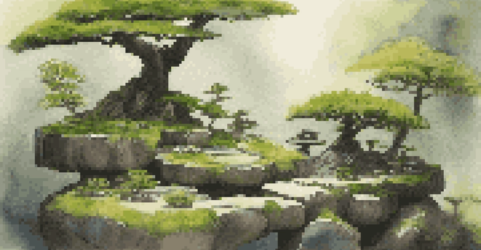 A peaceful bonsai garden with various bonsai trees on stone platforms, surrounded by green moss and flowering plants under soft sunlight.