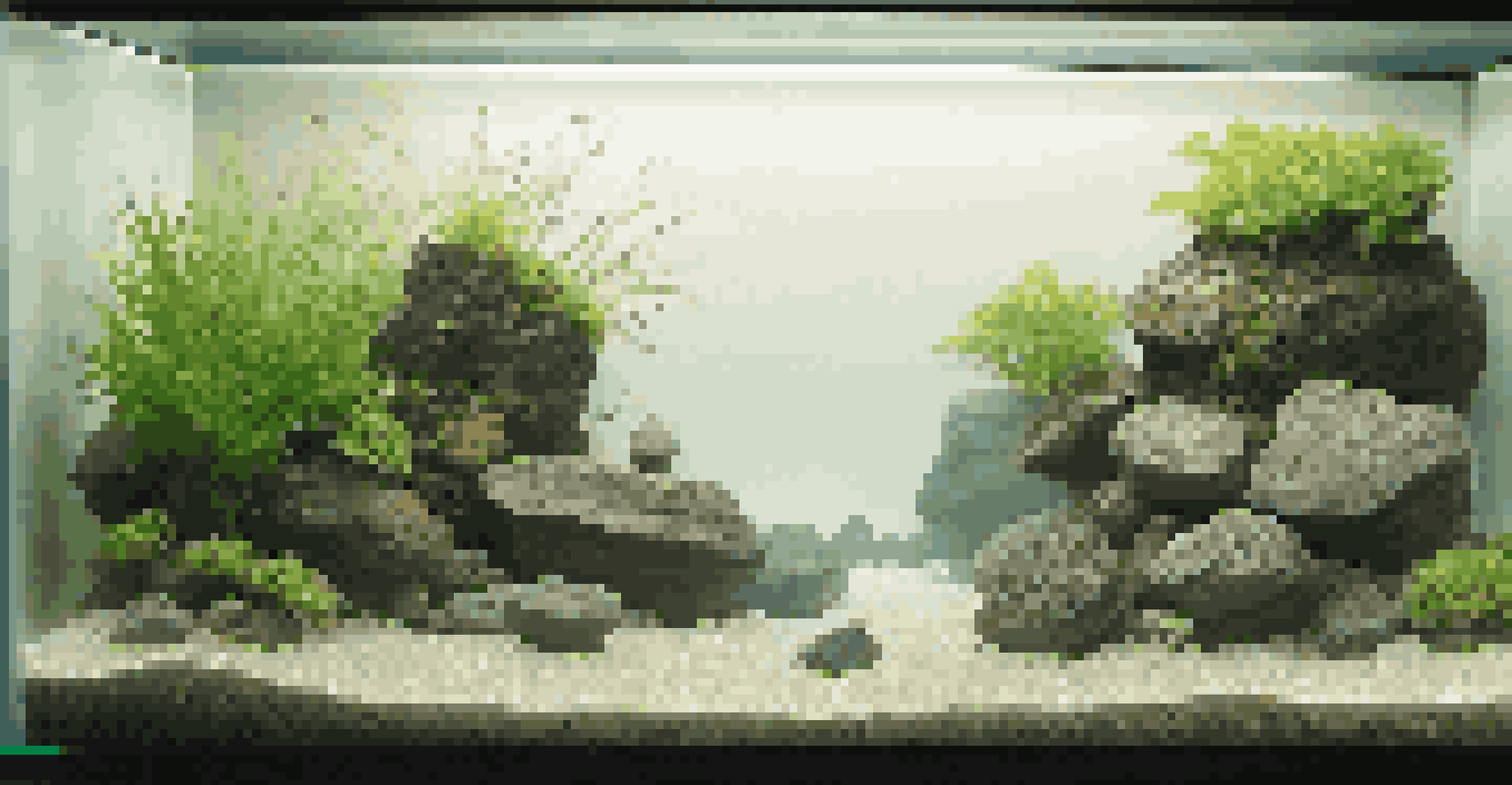 A minimalist Iwagumi aquascape with arranged rocks and low-growing green plants, featuring a few white flowers, all illuminated by soft, diffused lighting.