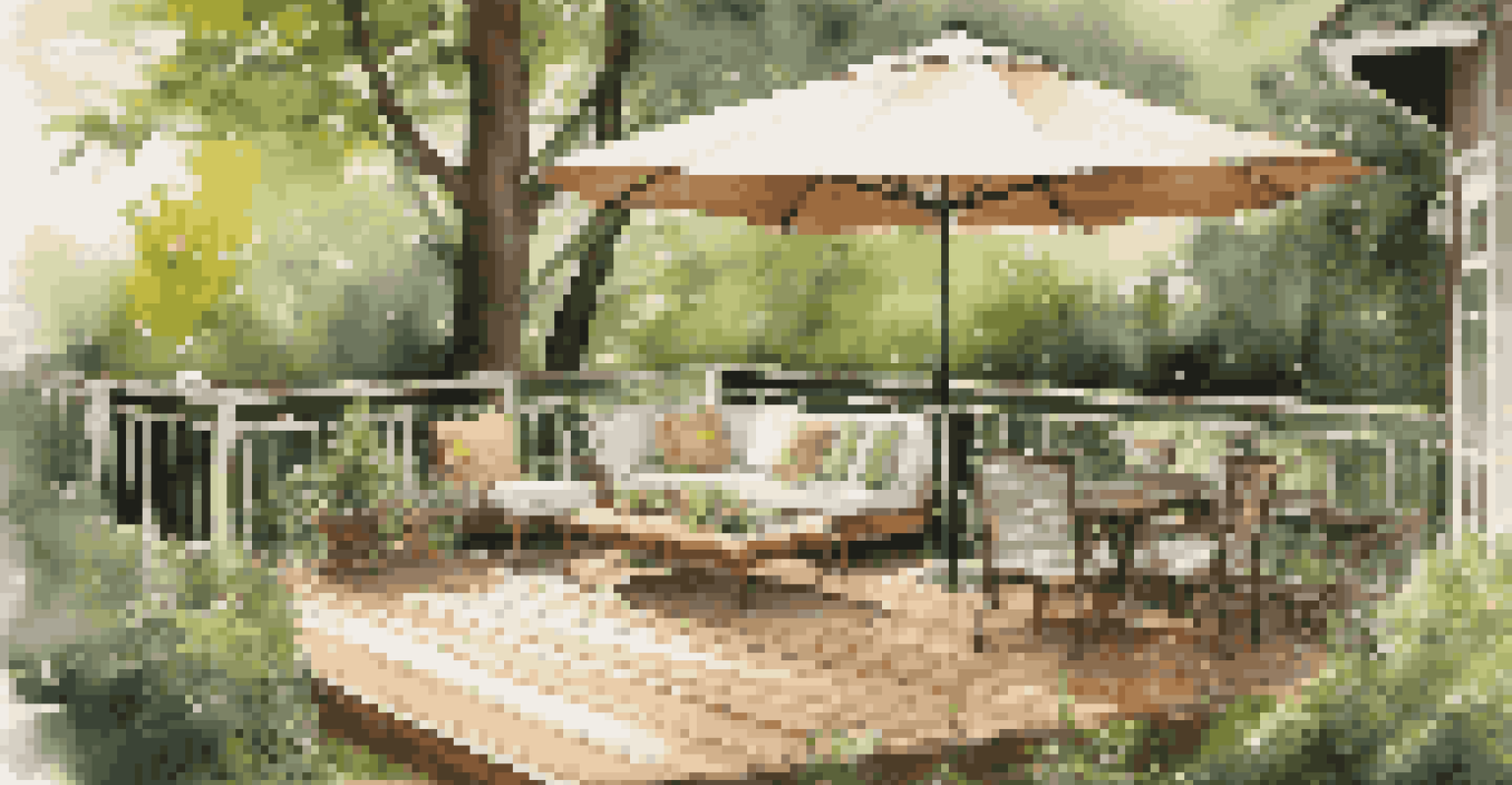 A wooden deck made of cedar, surrounded by greenery and furnished with outdoor furniture, illuminated by sunlight filtering through the trees.