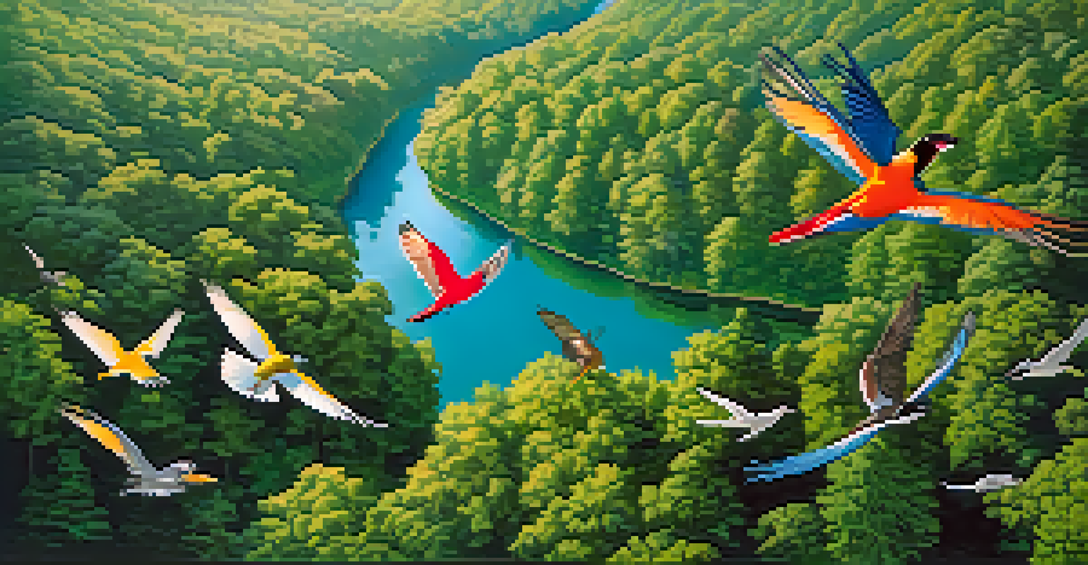 An aerial view of a colorful forest filled with birds in flight, sunlight filtering through the trees.