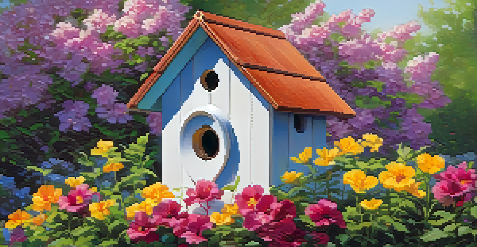 A bright birdhouse with a sloped roof and colorful flowers in a garden.