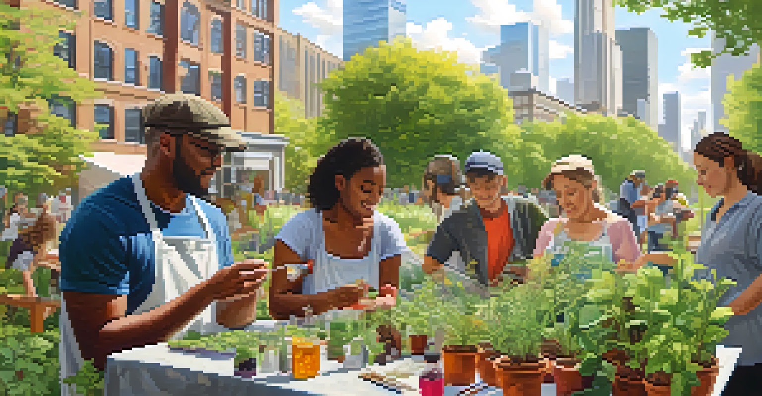 A diverse group of people in a modern foraging workshop in an urban park, learning about wild edibles amidst city buildings.
