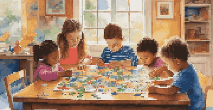 A group of young children working together on a colorful puzzle, showing expressions of concentration and joy in a well-lit room.