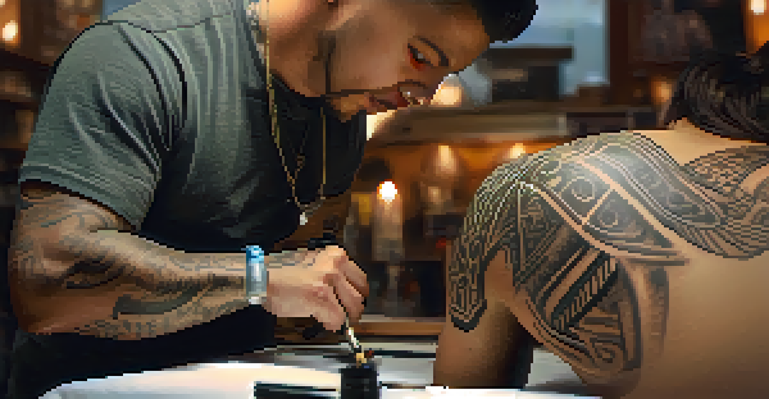 A tattoo artist applying a tribal design on a client's shoulder, with tools and colors in the background, set in a warm, inviting light.