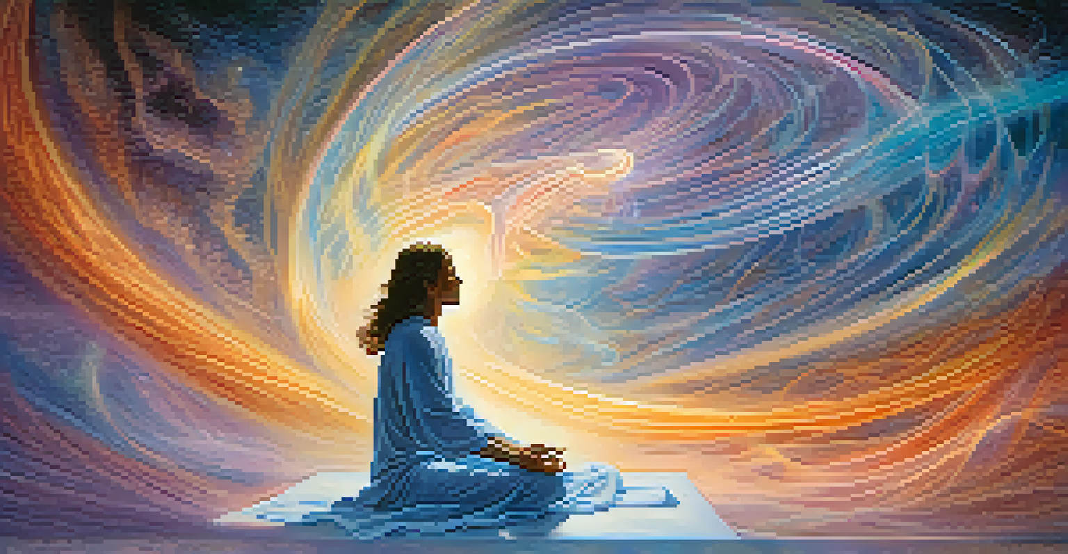 An abstract image of a meditating figure surrounded by colorful energy and shapes, symbolizing astral projection and encounters with entities.