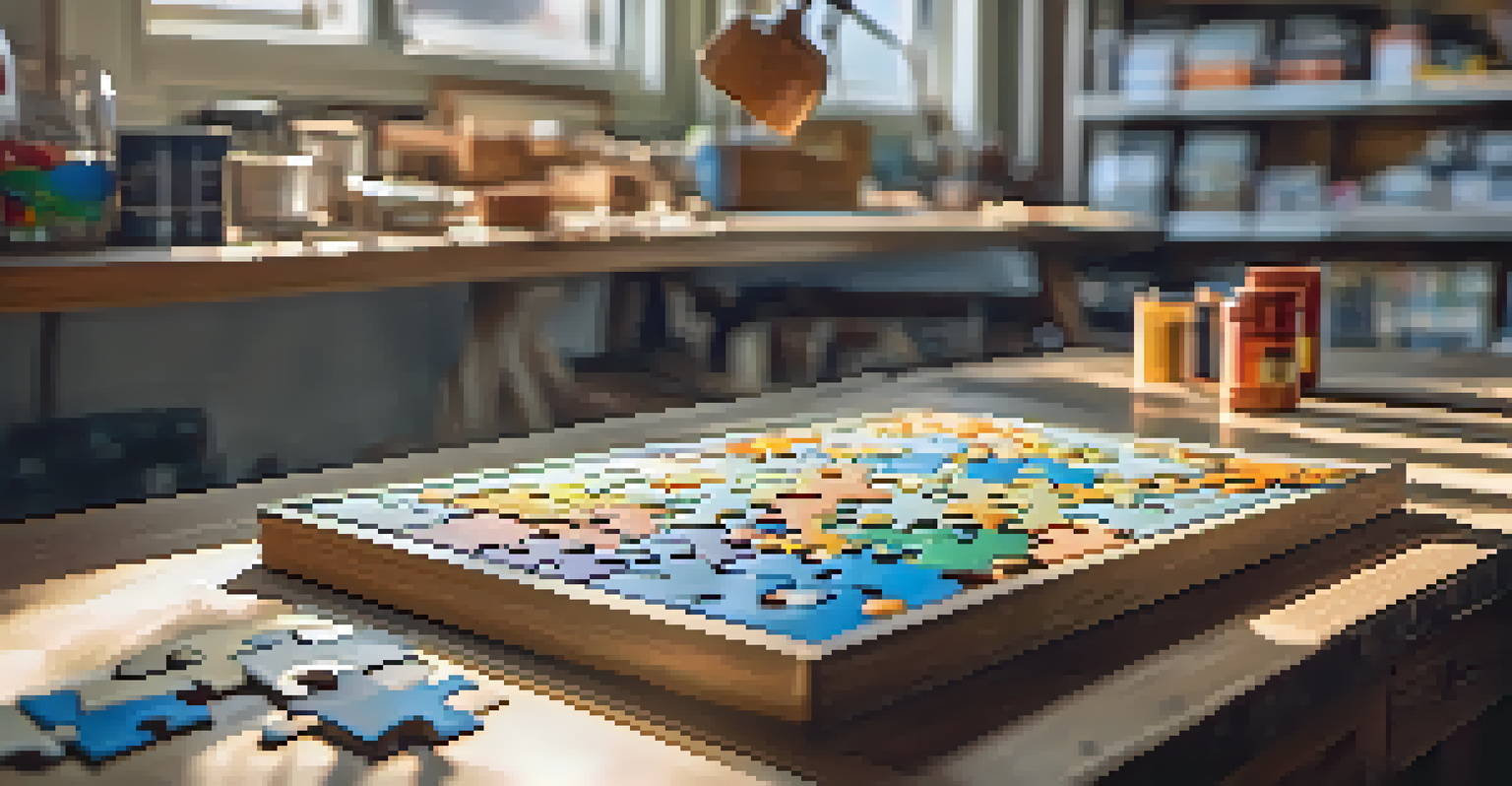 A close-up of a 3D puzzle in progress, with intricate pieces and a soft-focus workshop background.