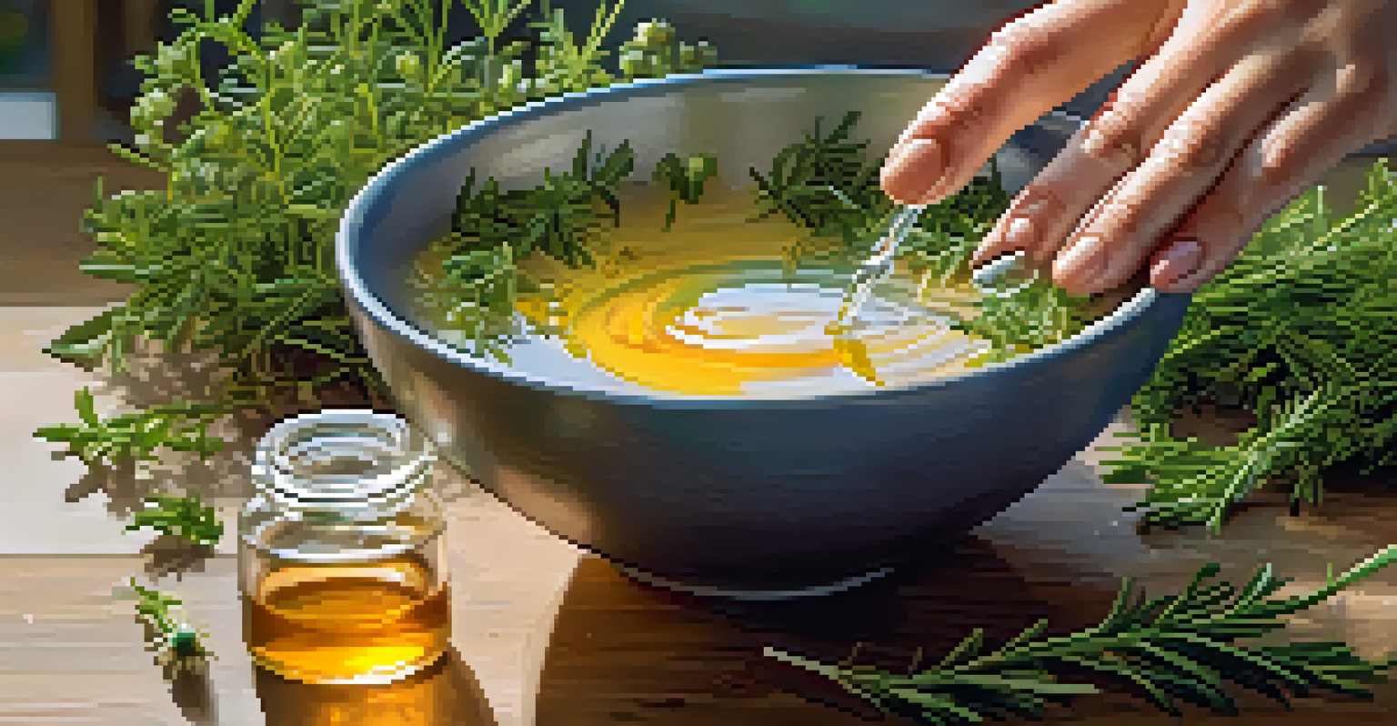 A close-up shot of a hand pouring essential oils into a soap mixture, with herbs and greenery in the background.
