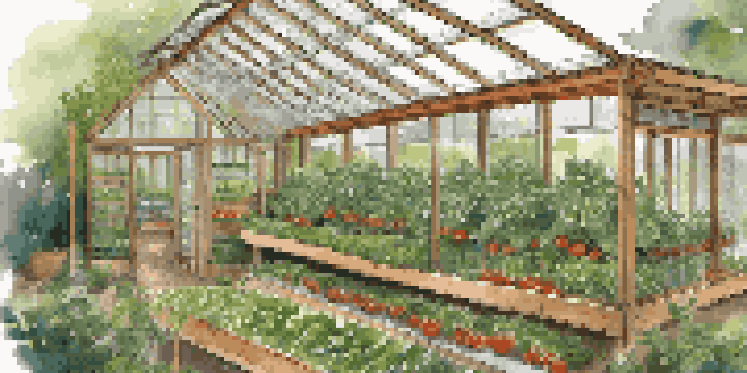 A sustainable greenhouse made of reclaimed wood and polycarbonate panels, filled with vegetables and surrounded by greenery, with a rainwater collection system on the roof.