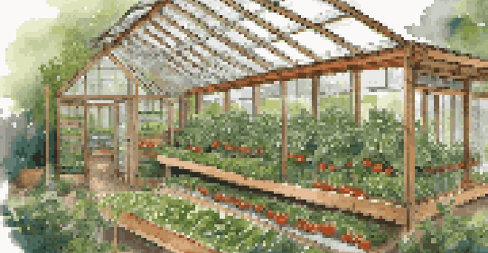 A sustainable greenhouse made of reclaimed wood and polycarbonate panels, filled with vegetables and surrounded by greenery, with a rainwater collection system on the roof.
