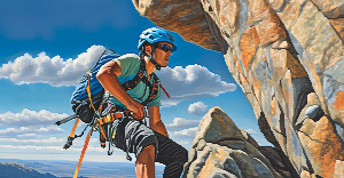 A climber in a bright helmet and harness climbing a rock face against a blue sky with clouds, demonstrating their climbing technique.