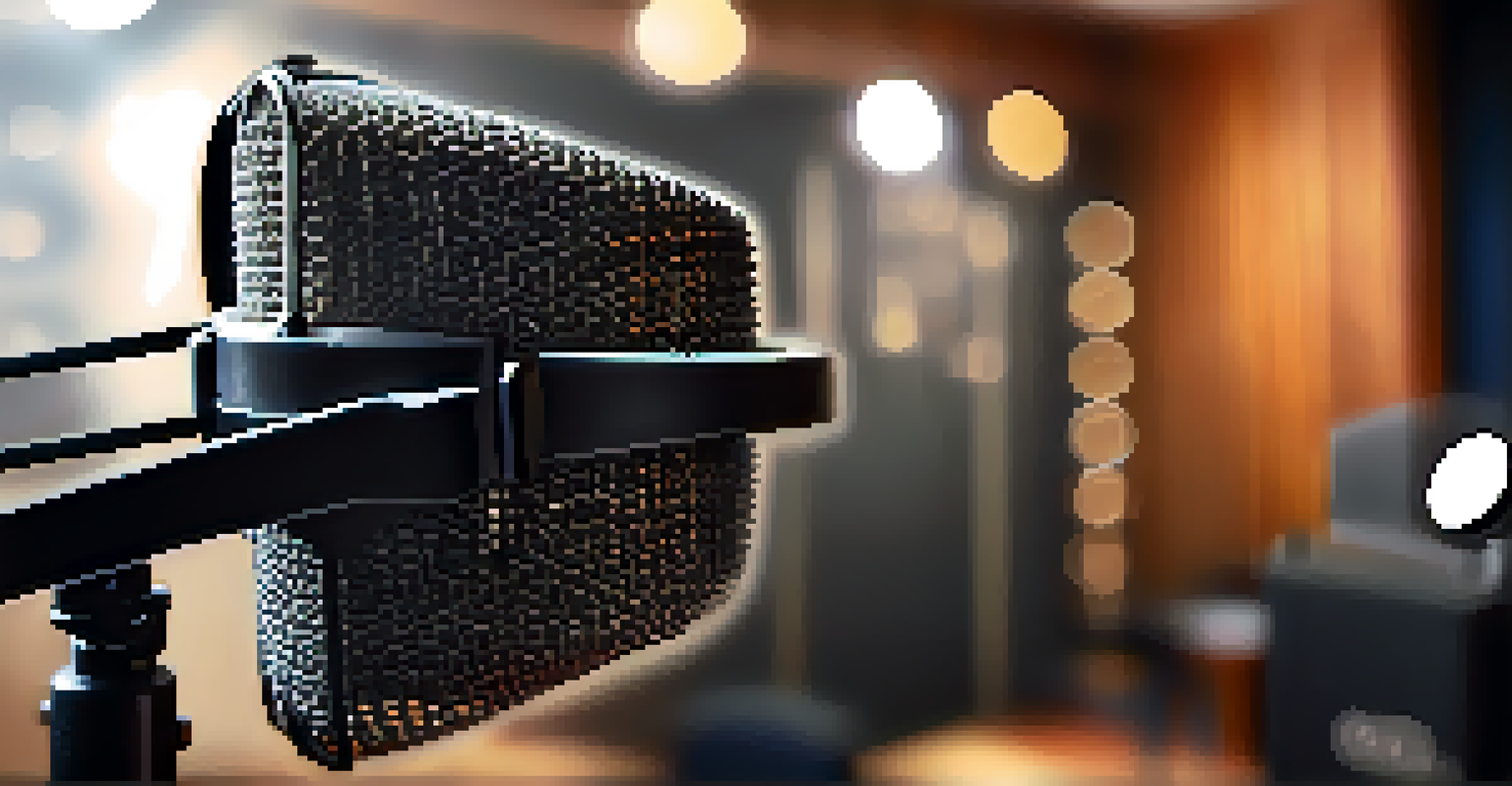 A close-up of a pop filter attached to a microphone in a recording studio.