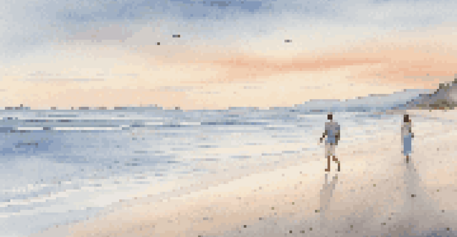 A couple walking hand in hand on a beach at dawn, with colorful skies and gentle waves.