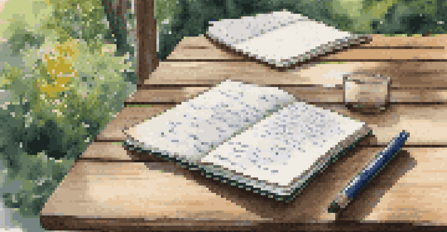 An open notebook with handwritten flash fiction on a wooden table in a serene nature setting, surrounded by flowers and a stream.