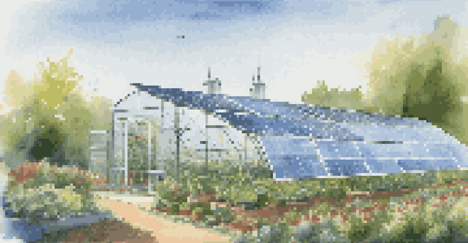 An outdoor view of a greenhouse with solar panels and wind turbines, surrounded by a flourishing garden under a clear blue sky.
