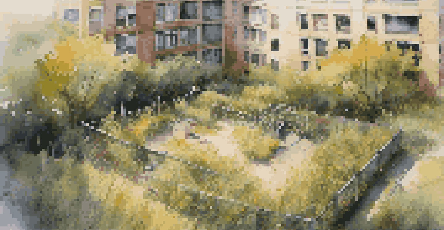 An aerial view of an overgrown urban park with old playground equipment surrounded by wild grass and blooming wildflowers.