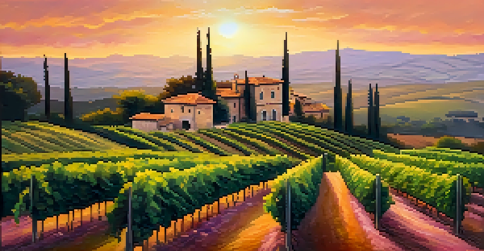 A beautiful sunset over rolling hills with vineyards in Tuscany, featuring a rustic winery and cypress trees.