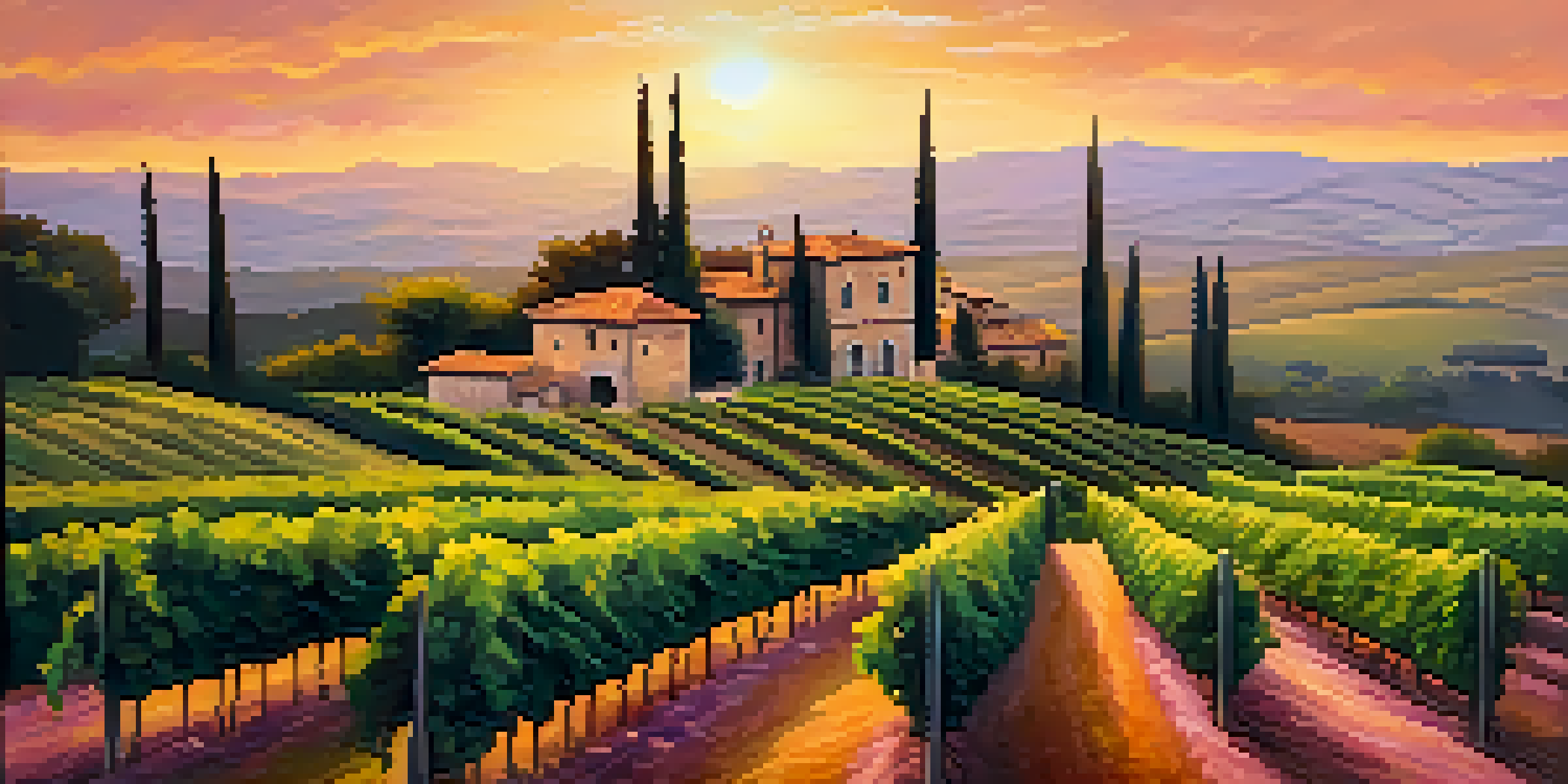 A beautiful sunset over rolling hills with vineyards in Tuscany, featuring a rustic winery and cypress trees.