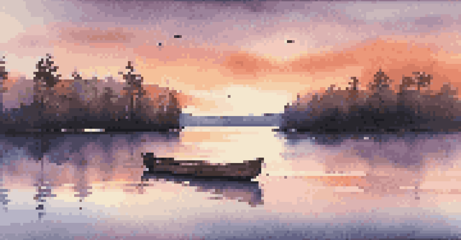 A tranquil sunset over a lake with colorful skies and a silhouette of trees, featuring a small boat on the water.