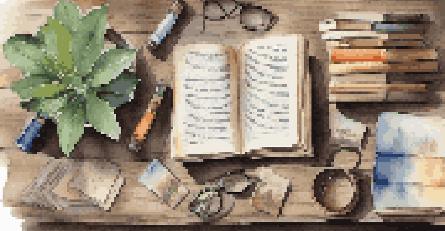Flat lay of popular books on a wooden table with stationery and a plant.