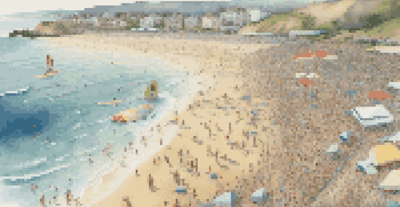 An aerial perspective of a surfing competition, featuring surfers in the water and a lively beach atmosphere.