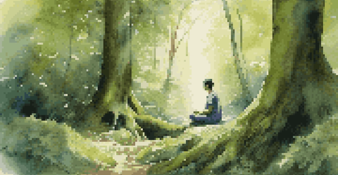 A person meditating in a tranquil forest with sunlight filtering through the leaves, surrounded by lush greenery.