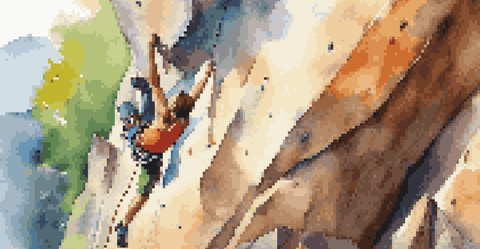 A climber competes on a colorful rock face with a cheering crowd in the background.