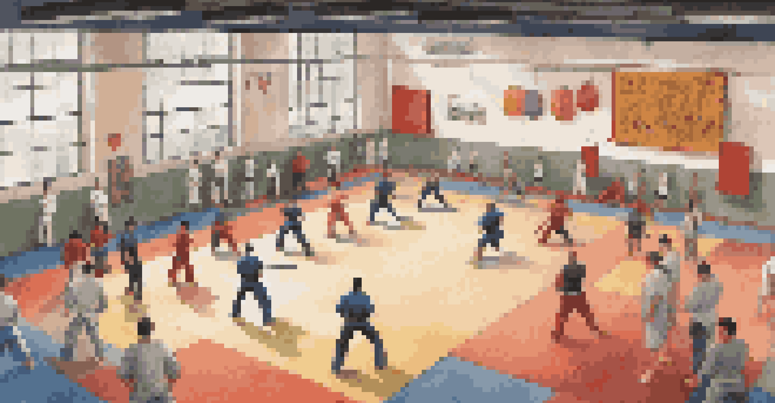 An overhead view of a busy martial arts training session in a colorful gym.