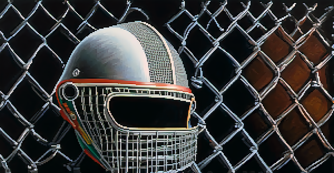 A close-up view of a colorful fencing mask, highlighting its mesh design and textures against a dark background.