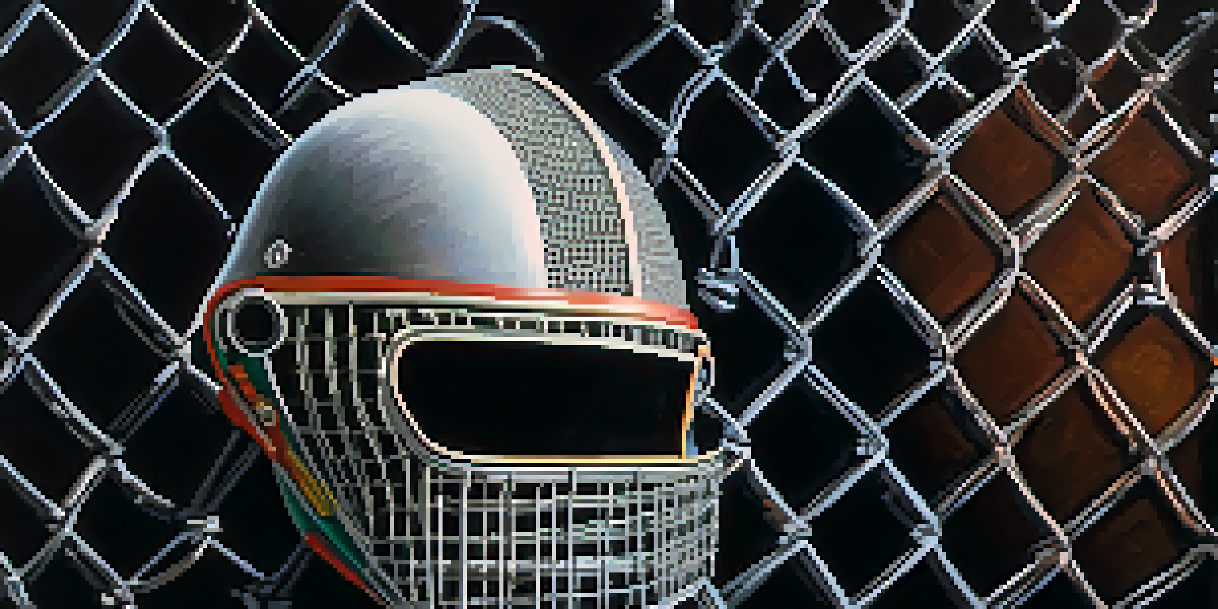 A close-up view of a colorful fencing mask, highlighting its mesh design and textures against a dark background.