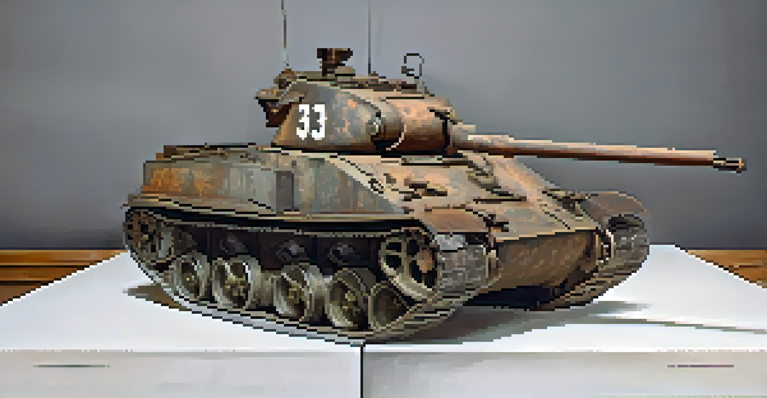 A weathered scale model tank with chipped paint and dirt on a rustic wooden table, highlighted by dramatic side lighting.