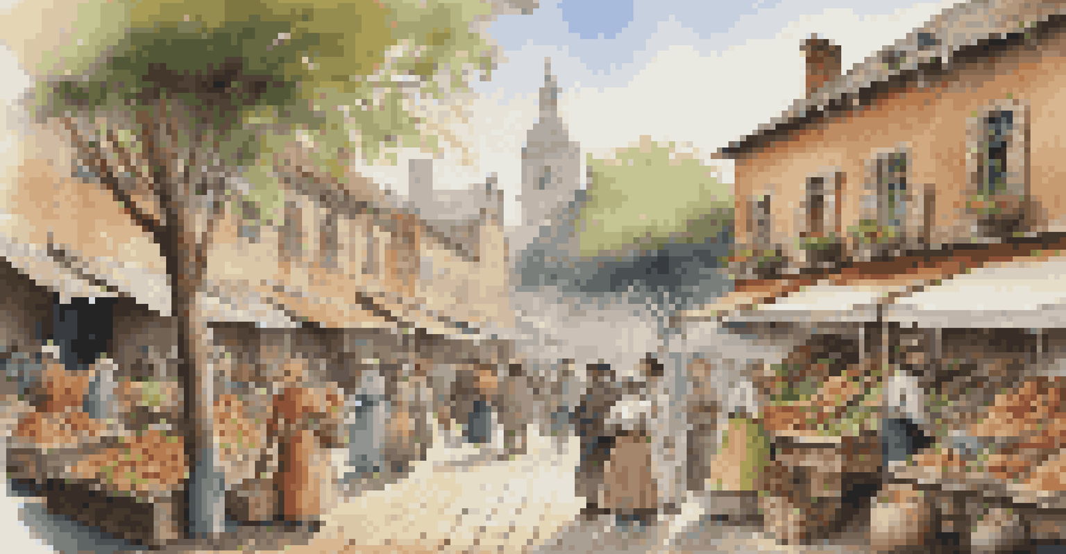 A lively historical market from the 1800s with people in period clothing, colorful stalls, and children playing, creating a sense of community and storytelling.