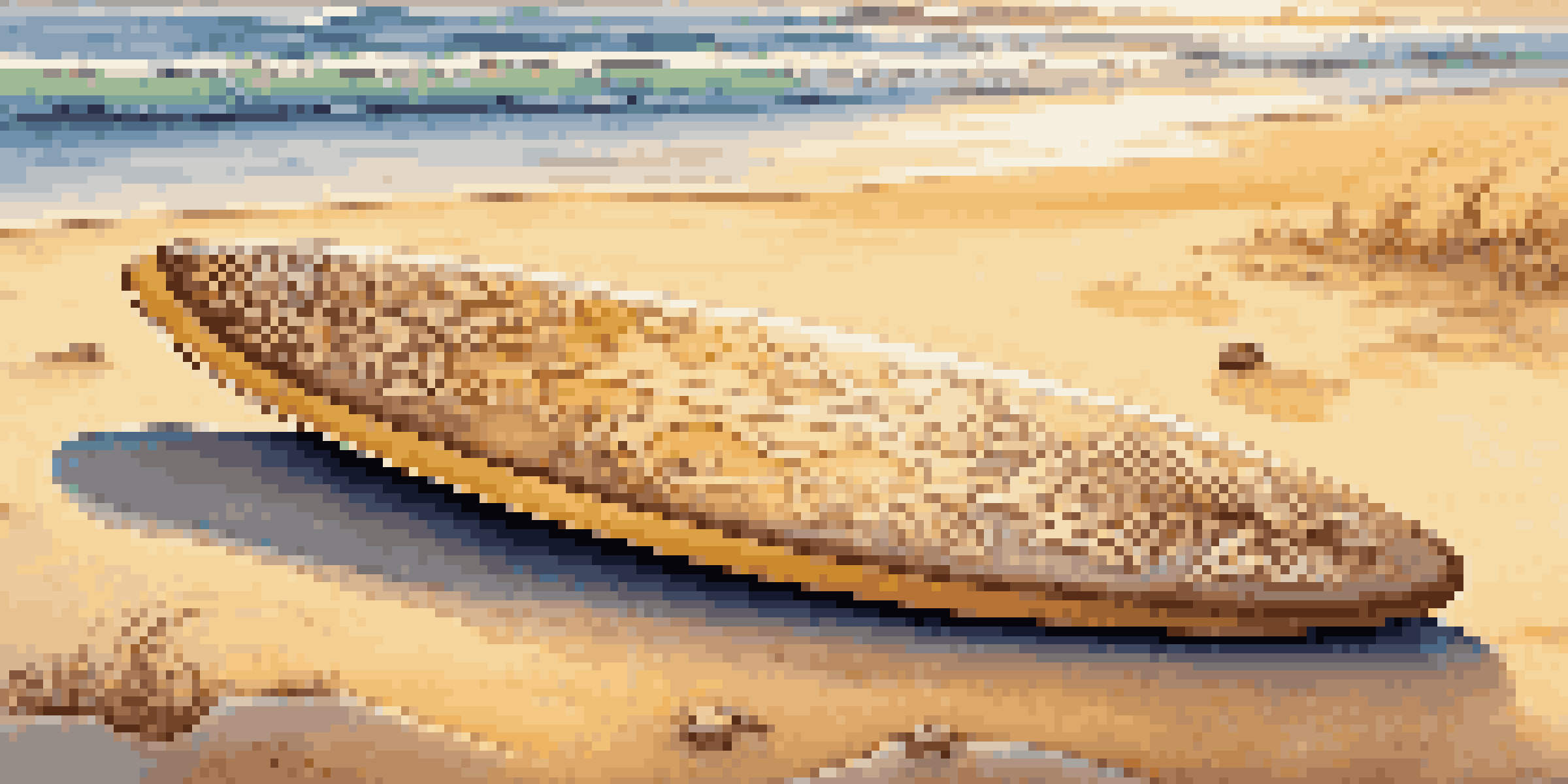 A colorful hemp surfboard on the beach at sunrise, surrounded by gentle waves and seashells.